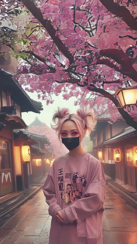 女の子　桜　寺